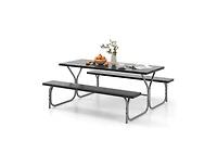Slickblue 6 Ft Picnic Table Bench Set Dining and 2 Benches with Metal Frame Hdpe Tabletop