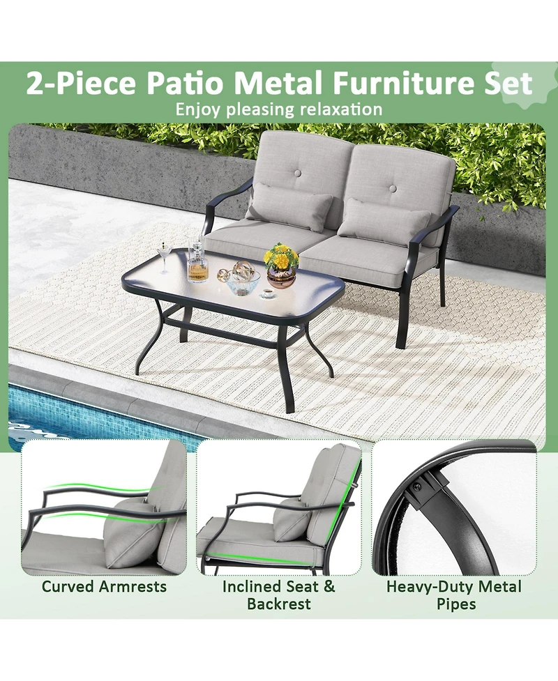 Slickblue Outdoor Loveseat Chair Set with Tempered Glass Coffee Table
