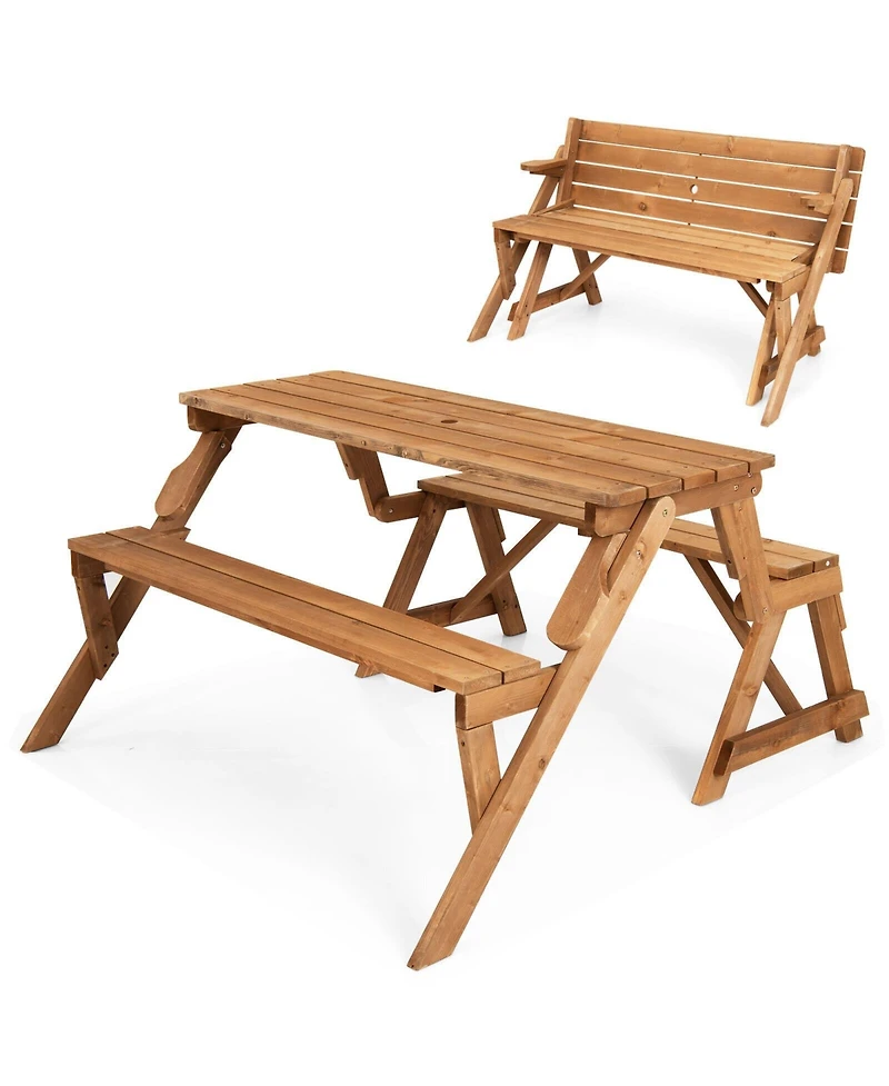 Slickblue 2-in-1 Transforming Interchangeable Wooden Picnic Table Bench with Umbrella Hole-Dark Brown