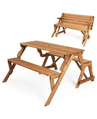 Slickblue 2-in-1 Transforming Interchangeable Wooden Picnic Table Bench with Umbrella Hole-Dark Brown