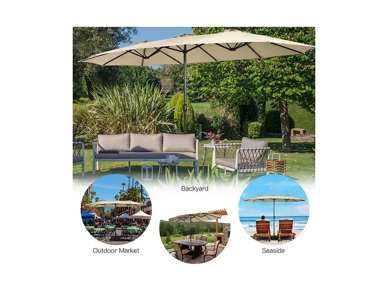 15 Feet Double-Sided Twin Patio Umbrella with Crank and Base