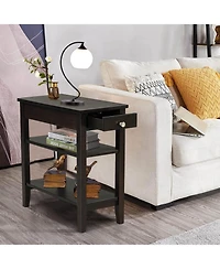 Side Table with Drawer and 2 Open Shelves, Compact End Table for Small Spaces
