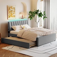 Simplie Fun Teddy Fleece Queen Upholstered Platform Bed With Trundle, Beige