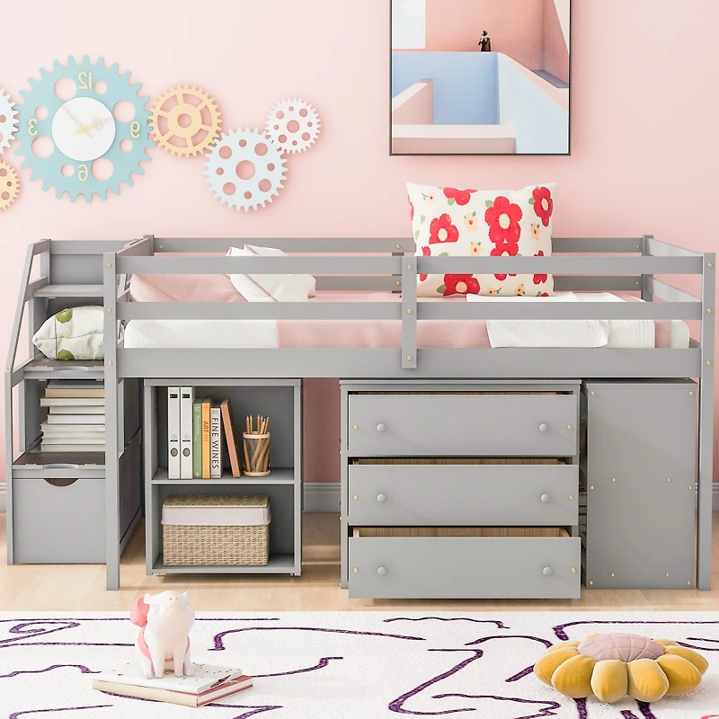 Streamdale Loft Bed with Desk, Drawers, Stairs, Shelves