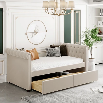 Streamdale Twin Size Upholstered Daybed With Drawers, Wood Slat Support
