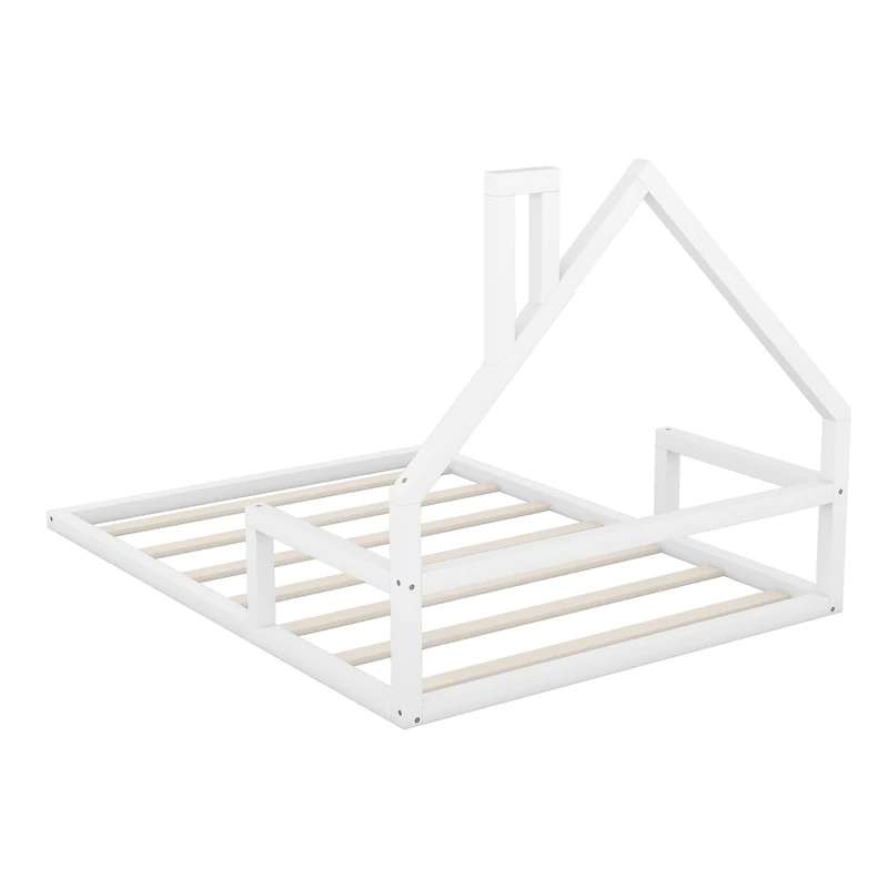 Full Size Wood Floor Bed With House-Shaped Headboard