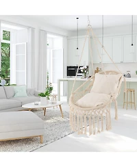 Slickblue Hanging Hammock Chair with Soft Seat Cushions and Sturdy Rope Chain-Beige
