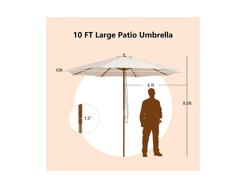 Patio Umbrella with 8 Wooden Ribs and 3 Adjustable Heights
