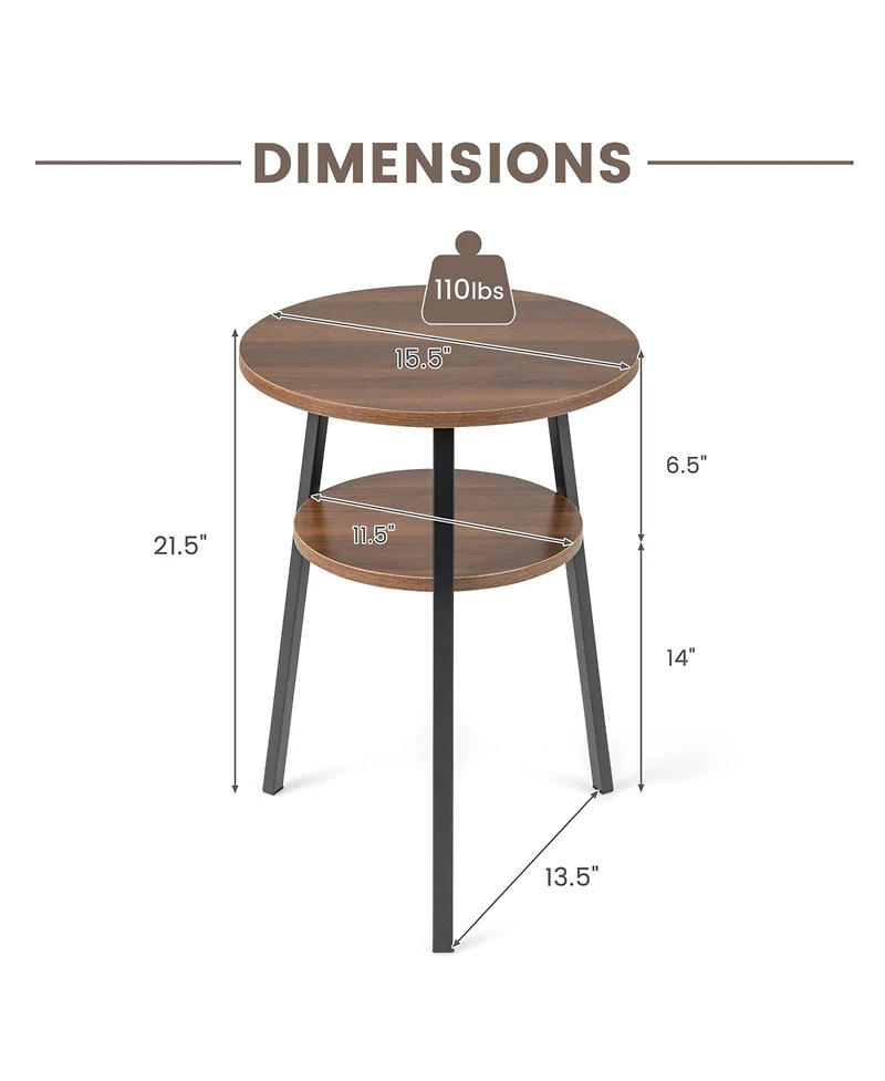 Slickblue 2-Tier Round End Table with Open Shelf and Triangular Metal Frame