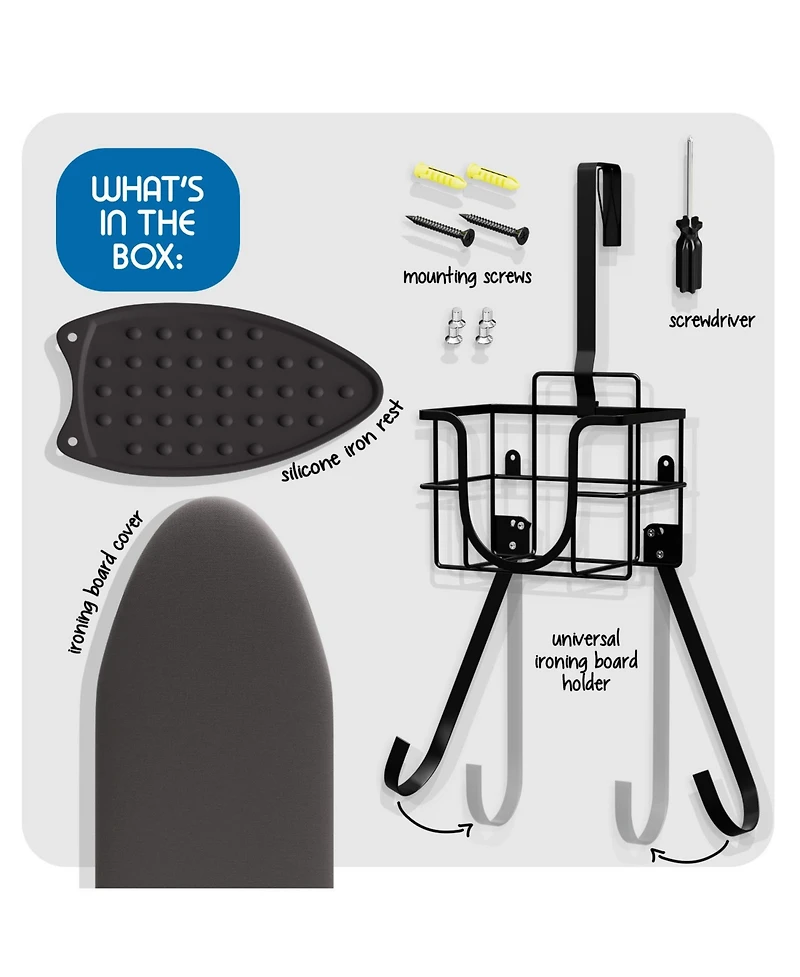 Clara Clark 3 Piece Ironing Organizer Set - Board & Iron Holder T&V Shaped Wall & Over The Door Mounted - Iron Rest - Ironing Board Cover