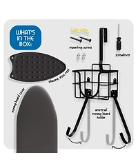Clara Clark 3 Piece Ironing Organizer Set - Board & Iron Holder T&V Shaped Wall & Over The Door Mounted - Iron Rest - Ironing Board Cover