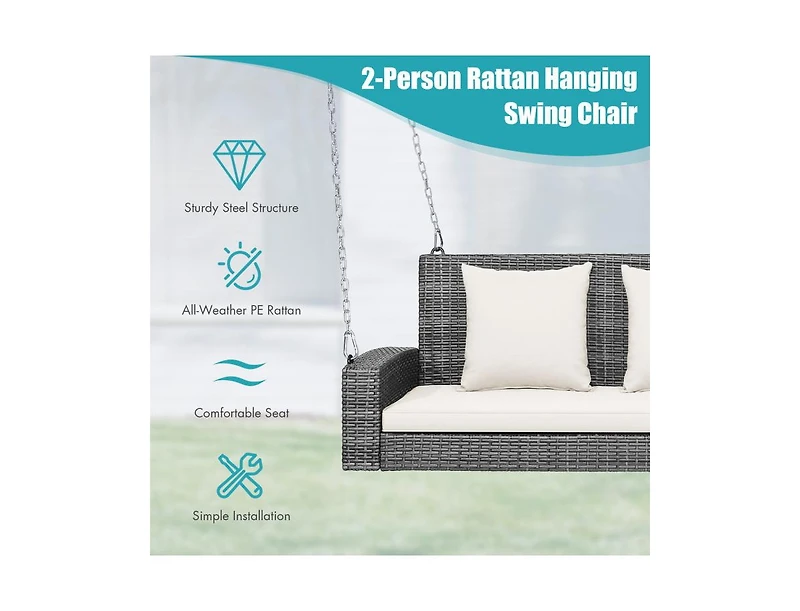 Slickblue 2-Person Patio Pe Wicker Hanging Porch Swing Bench Chair Cushion 800 Pounds