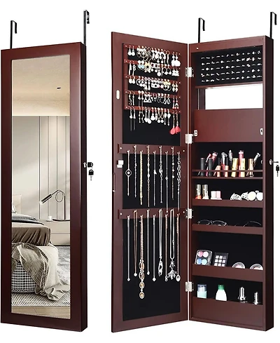 Sugift Lockable Wall Door Mounted Mirror Jewelry Cabinet with Led Lights