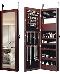 Sugift Lockable Wall Door Mounted Mirror Jewelry Cabinet with Led Lights