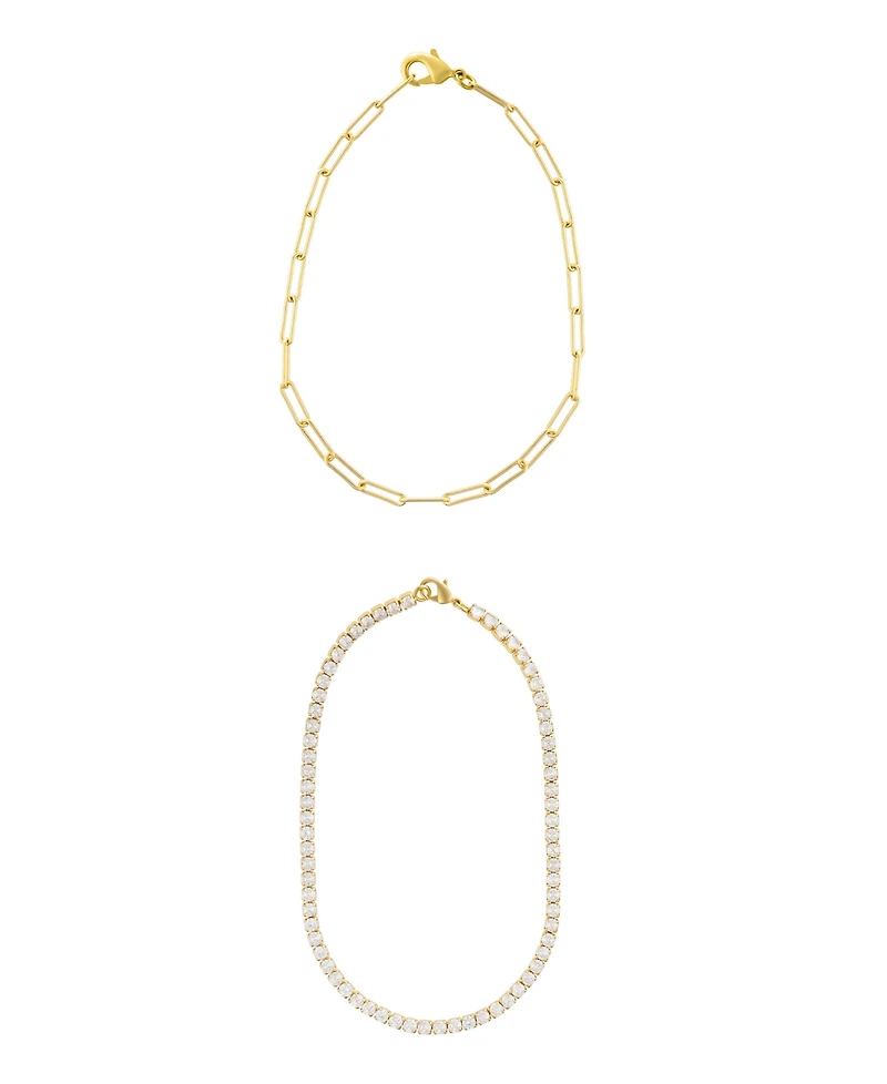 Adornia Gold 10" Tennis and Paperclip Chain Anklet Set