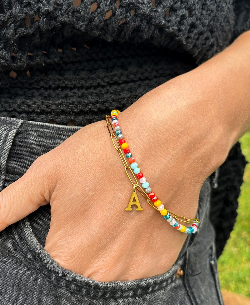 Adornia Gold Adjustable Layered Color Faux Stone and Paperclip Chain Initial Bracelet