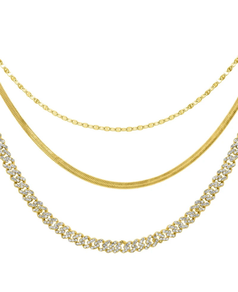 Adornia Gold Adjustable Valentina, Herringbone and 8mm Crystal Curb Chain Necklace Set