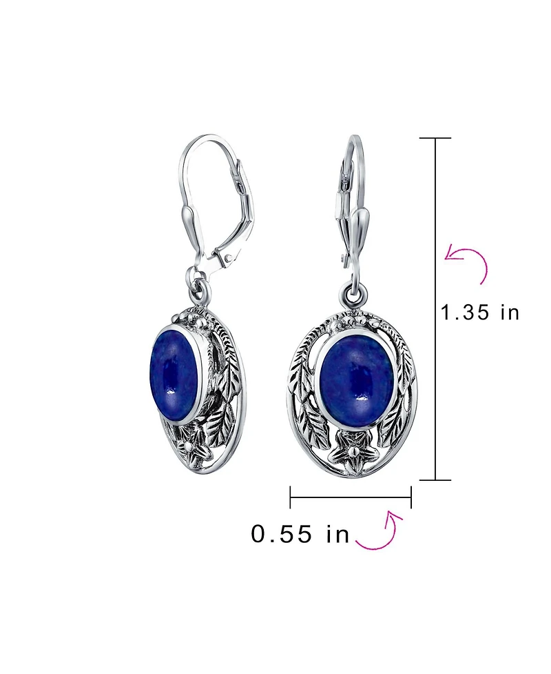 Bling Jewelry Oval Flower Leaf Carved Blue Synthetic Lapis Lazuli Lever back Earrings Oxidized Sterling Silver