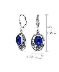 Bling Jewelry Oval Flower Leaf Carved Blue Synthetic Lapis Lazuli Lever back Earrings Oxidized Sterling Silver