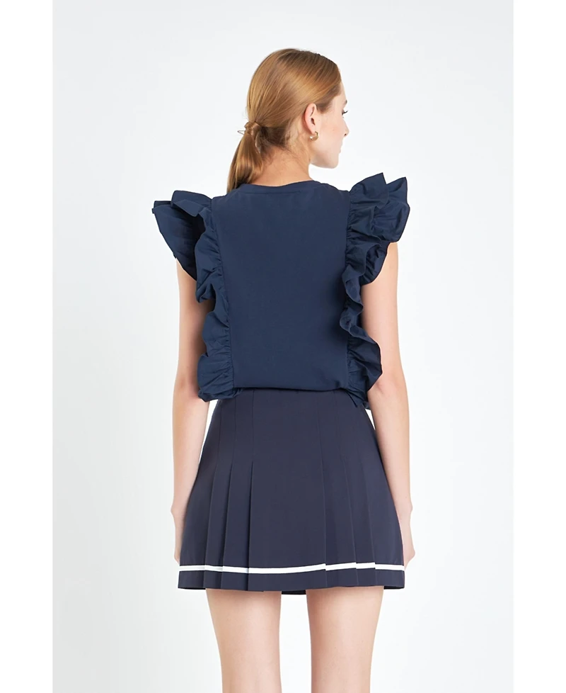English Factory Women's Poplin Ruffle Detail Sleeveless Top