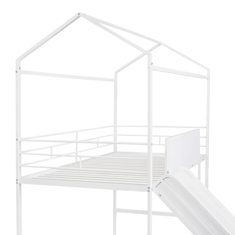Simplie Fun Metal House Bed With Slide, Twin Loft Two-Sided Writable Wooden Board