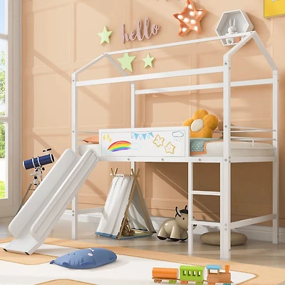 Simplie Fun Metal House Bed With Slide, Twin Loft Two-Sided Writable Wooden Board