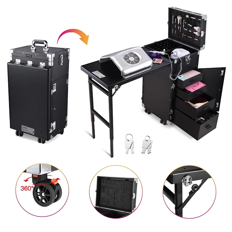 Byootique Aluminum Rolling Makeup Train Case with Table Salon Nail Trolley Cosmetic Organizer Black