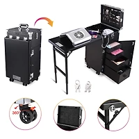 Byootique Aluminum Rolling Makeup Train Case with Table Salon Nail Trolley Cosmetic Organizer Black