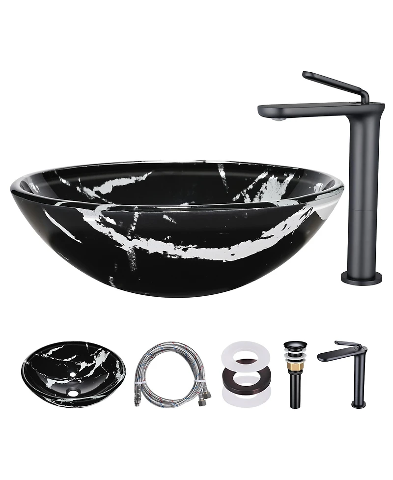 Aquaterior Bathroom Round Tempered Glass Vessel Sink w/ Single-Hole Faucet Drain