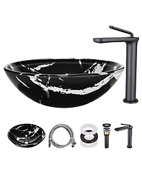 Aquaterior Bathroom Round Tempered Glass Vessel Sink w/ Single-Hole Faucet Drain