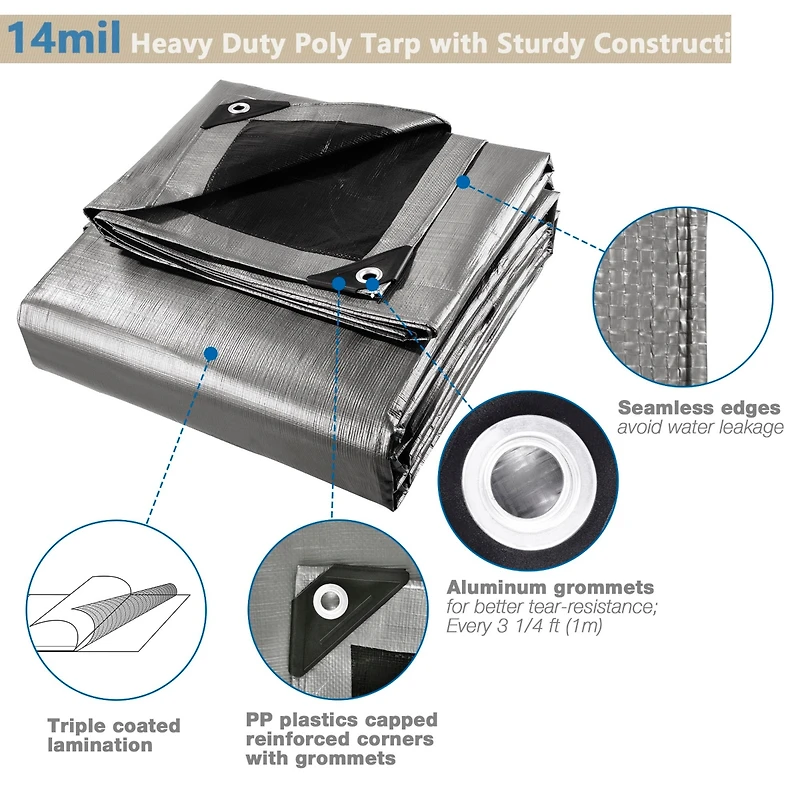 16x20 Ft 14 Mil Poly Tarp Protective Cover Tarpaulin Heavy Duty Uv Resistant