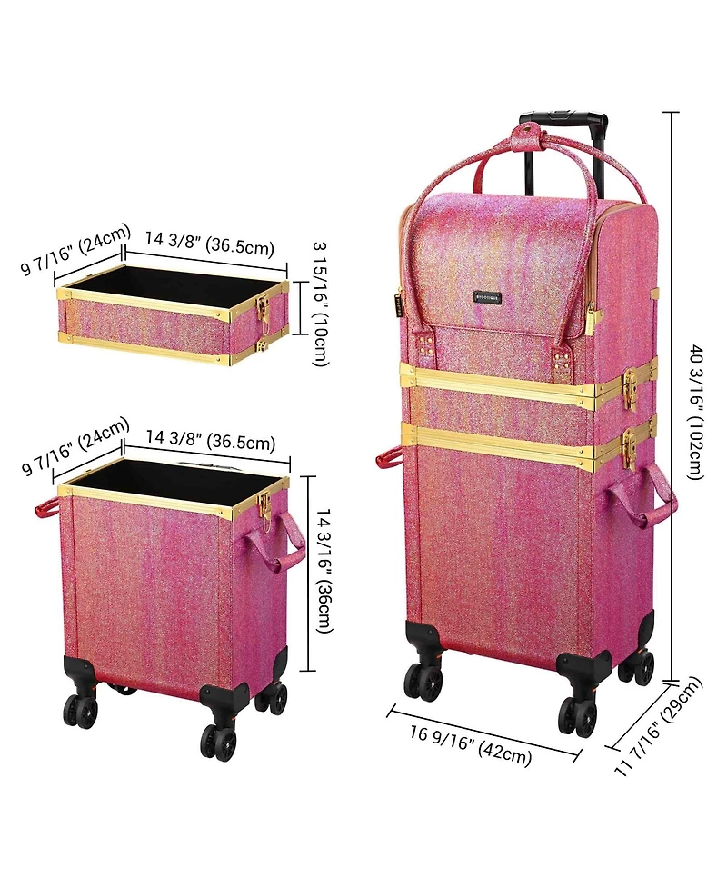 Byootique Red Gold Makeup Train Case Lockable Rolling Cosmetic Trolley Storage