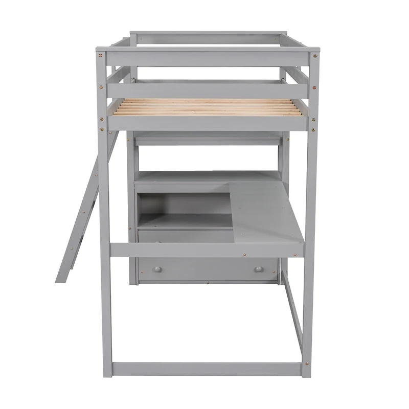 Simplie Fun Twin Loft Bed With Desk And Shelves, Two Built-In Drawers