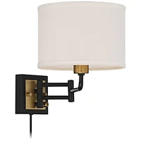 Joelle Mid Century Modern Swing Arm Wall Lamp Black Antique Brass Metal Plug-In Light Fixture Drum Shade for Bedroom Bedside House Reading Living Room