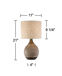 Emma Mid Century Modern Style Accent Table Lamp 21" High Brown Textured Wood Ceramic Oatmeal Fabric Drum Shade Decor for Living Room Bedroom House Bed
