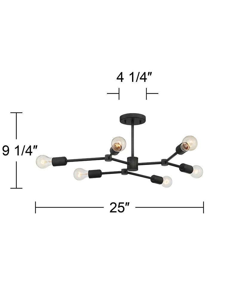Possini Euro Design Marco Industrial Ceiling Light Semi Flush Mount Fixture 26" Wide Black 6-Light Branching for Bedroom Kitchen Living Room Hall