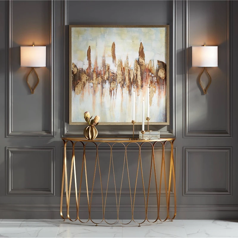 Possini Euro Design Modern Wall Light Sconce Warm Brass Hardwired 19 1/2" High Fixture Half Moon Linen Shade for Bedroom Living Room