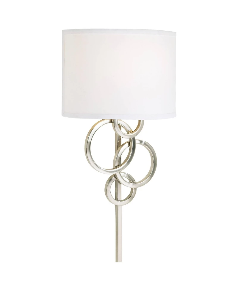 Possini Euro Design Circles Modern Wall Light Sconce Brushed Nickel Plug-in 12" Fixture Off White Cotton Half Shade for Bedroom Reading Living Ro