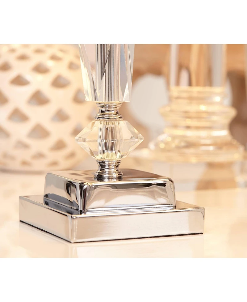 Traditional Art Deco Style Accent Table Lamp 23" High Dark Silver Clear Crystal Glass Column White Drum Shade for Living Room Bedroom House Bedside Ni