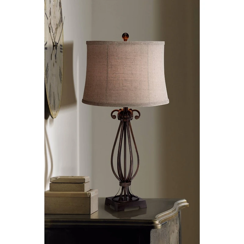 Regency Hill Taos Traditional Table Lamp 32" Tall Iron Open Scroll Base Neutral Burlap Shade for Bedroom Living Room Bedside Nightstand Office Ki