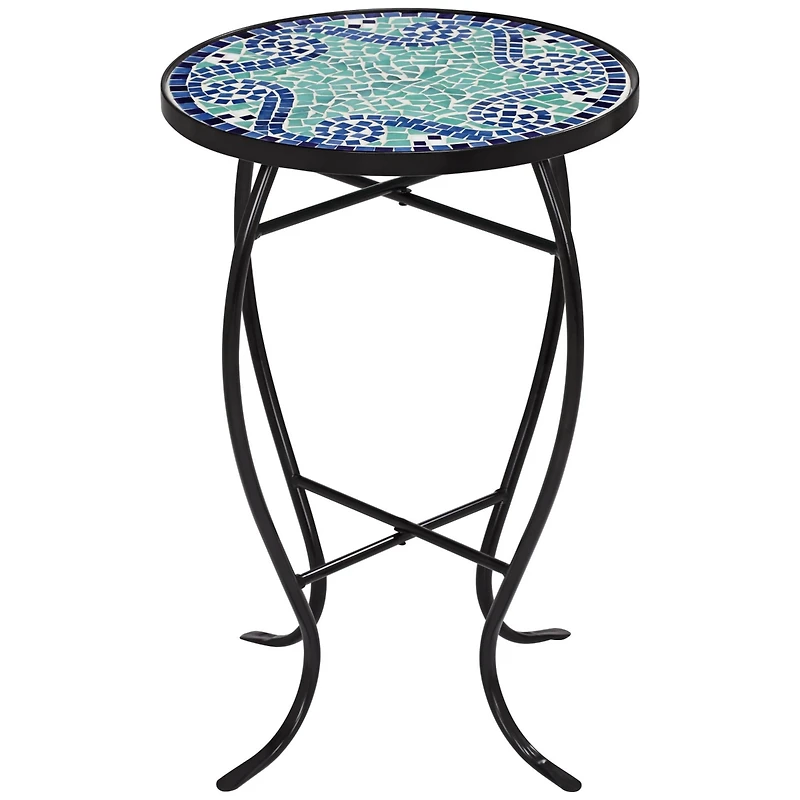 Ocean Wave Modern Industrial Black Iron Metal Round Outdoor Accent Side Table 14" Wide Light Green Mosaic Tile Tabletop Gracefully Curved Legs for Por