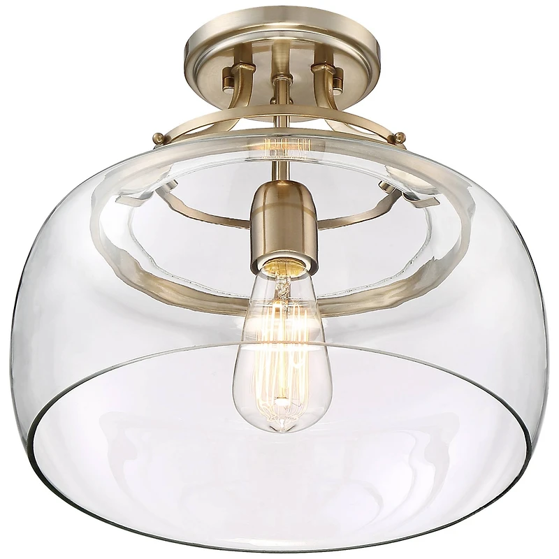 Franklin Iron Works Charleston Rustic Farmhouse Ceiling Light Semi Flush-Mount Fixture 13 1/2" Wide Warm Brass Led Clear Glass Shade for Bedroom Kitch