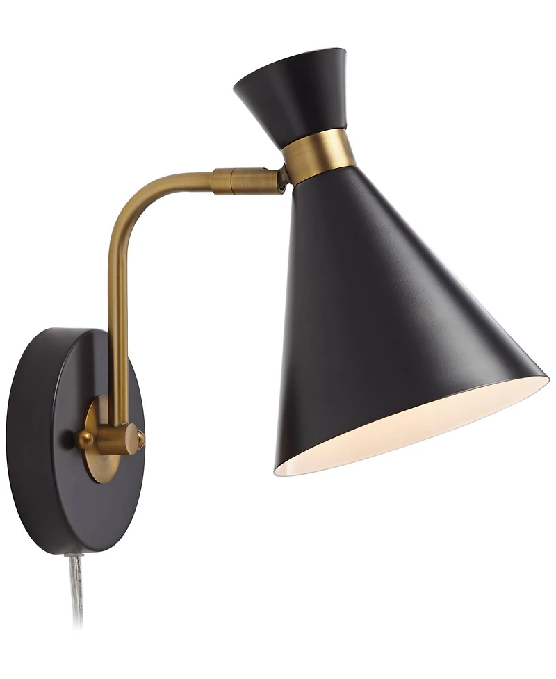 360 Lighting Venice Mid Century Modern Wall Lamp Matte Black Brass Plug-in 6 1/4" Light Fixture Adjustable Metal Cone Shade for Bedroom Living Ro