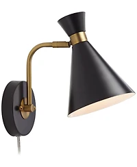 360 Lighting Venice Mid Century Modern Wall Lamp Matte Black Brass Plug-in 6 1/4" Light Fixture Adjustable Metal Cone Shade for Bedroom Living Ro