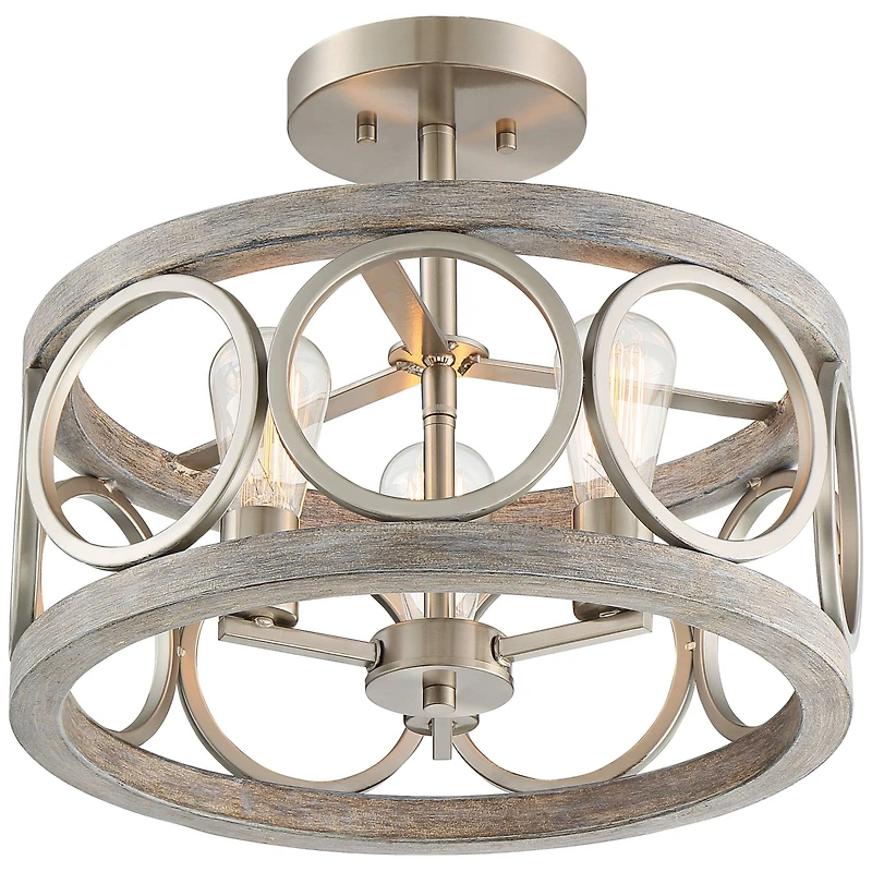 Franklin Iron Works Salima Rustic Farmhouse Ceiling Light Semi Flush Mount 16" Wide Brushed Nickel Gray Wood 3-Light Led for Bedroom Living Room