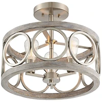 Franklin Iron Works Salima Rustic Farmhouse Ceiling Light Semi Flush Mount 16" Wide Brushed Nickel Gray Wood 3-Light Led for Bedroom Living Room