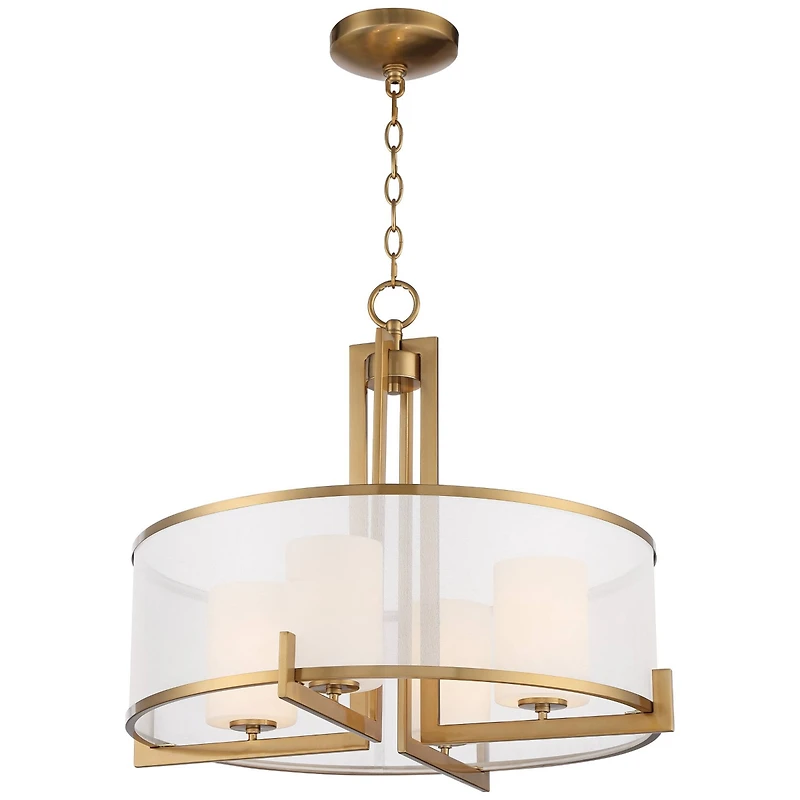 Possini Euro Design Antique Brass Pendant Chandelier 24" Wide Modern Drum Shade 4-Light Fixture for Dining Room House Living Room
