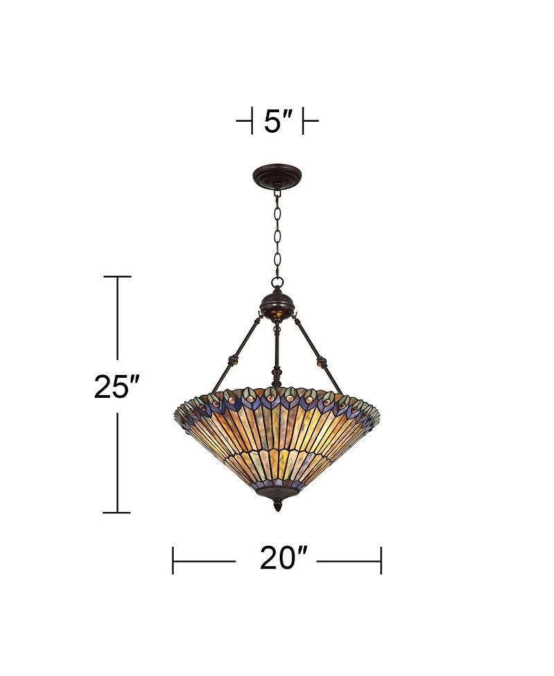 Robert Louis Tiffany Bronze Pendant Chandelier 20" Wide Rustic Peacock Stained Art Glass 3-Light Fixture for Dining Room House Kitchen Island Ent