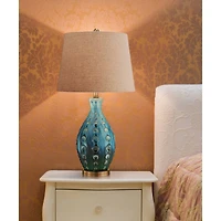 Mid Century Modern Vase-Shaped Table Lamp 26.5" High Textured Glaze Teal Green Hand-Made Ceramic Tan Linen Drum Shade for Living Room Bedroom Hou