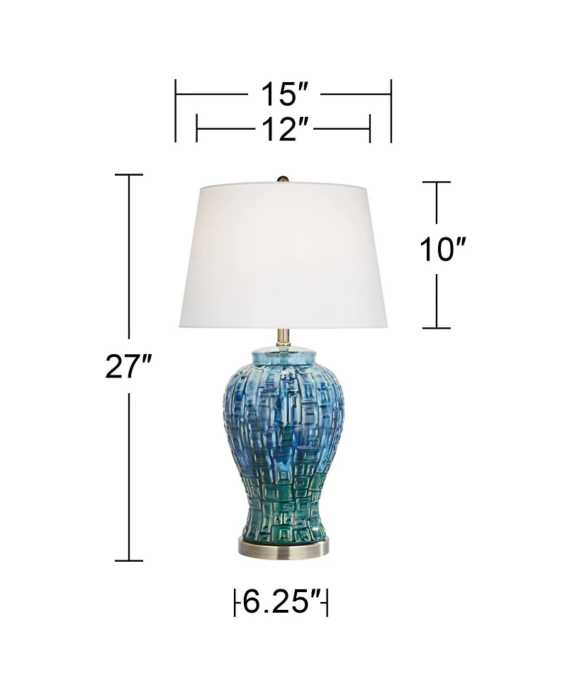 Asian Modern Table Lamp 27" Tall Teal Glaze Textured Ceramic Temple Jar White Tapered Drum Shade for Bedroom Living Room House Home Bedside Night